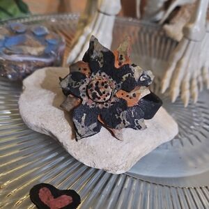 Hand Crafted Genuine Leather Black& Orange Floral Leather Dog Collar Accent NEW